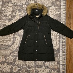 Michael Kors Black Puffer Jacket with Faux Fur Trim